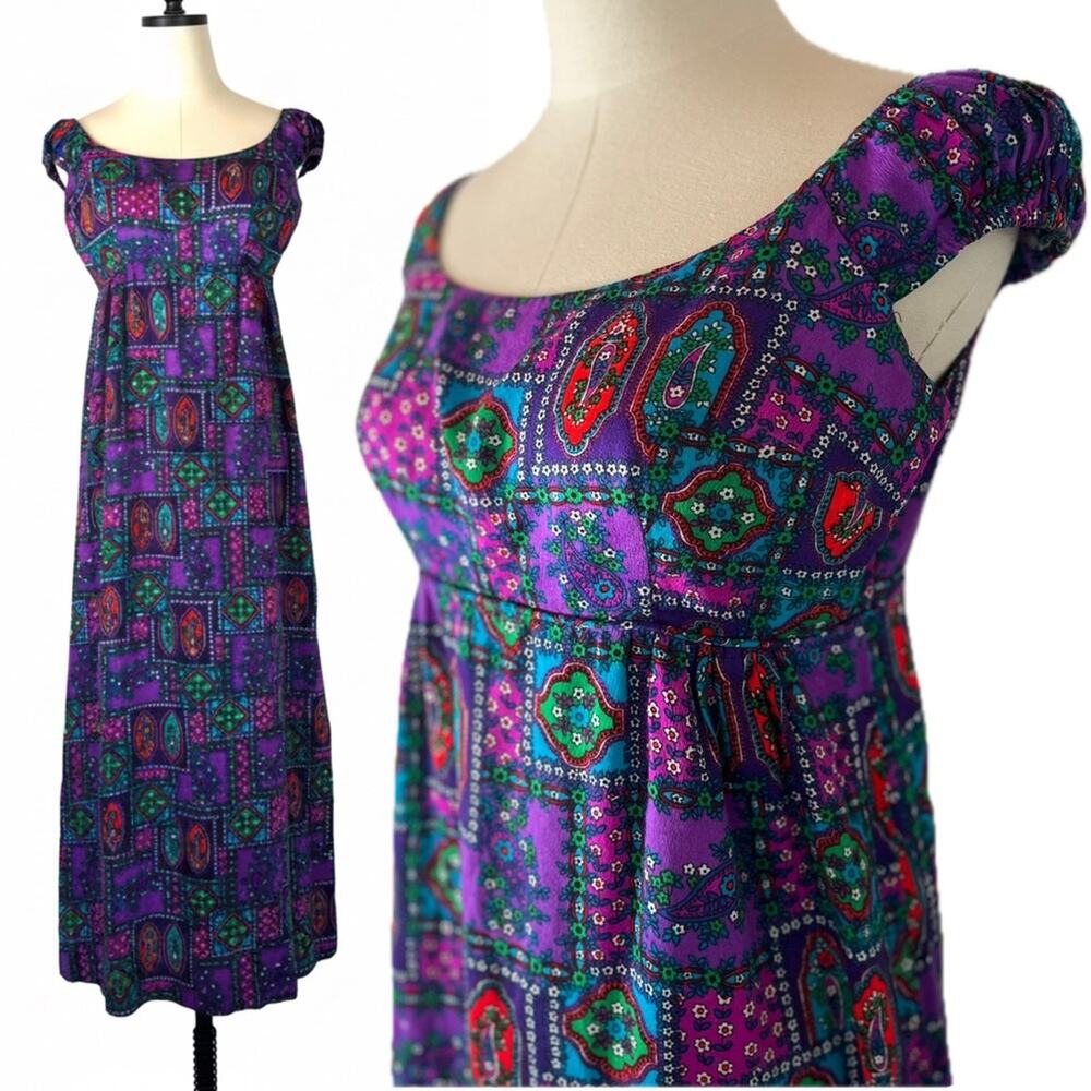 Vintage Hawaiian Purple Psychedelic Floral Patterned Maxi Dress Cap Sleeve Sa-Ne